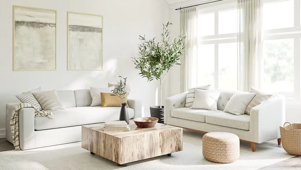 A bright, tidy living room with soft natural light