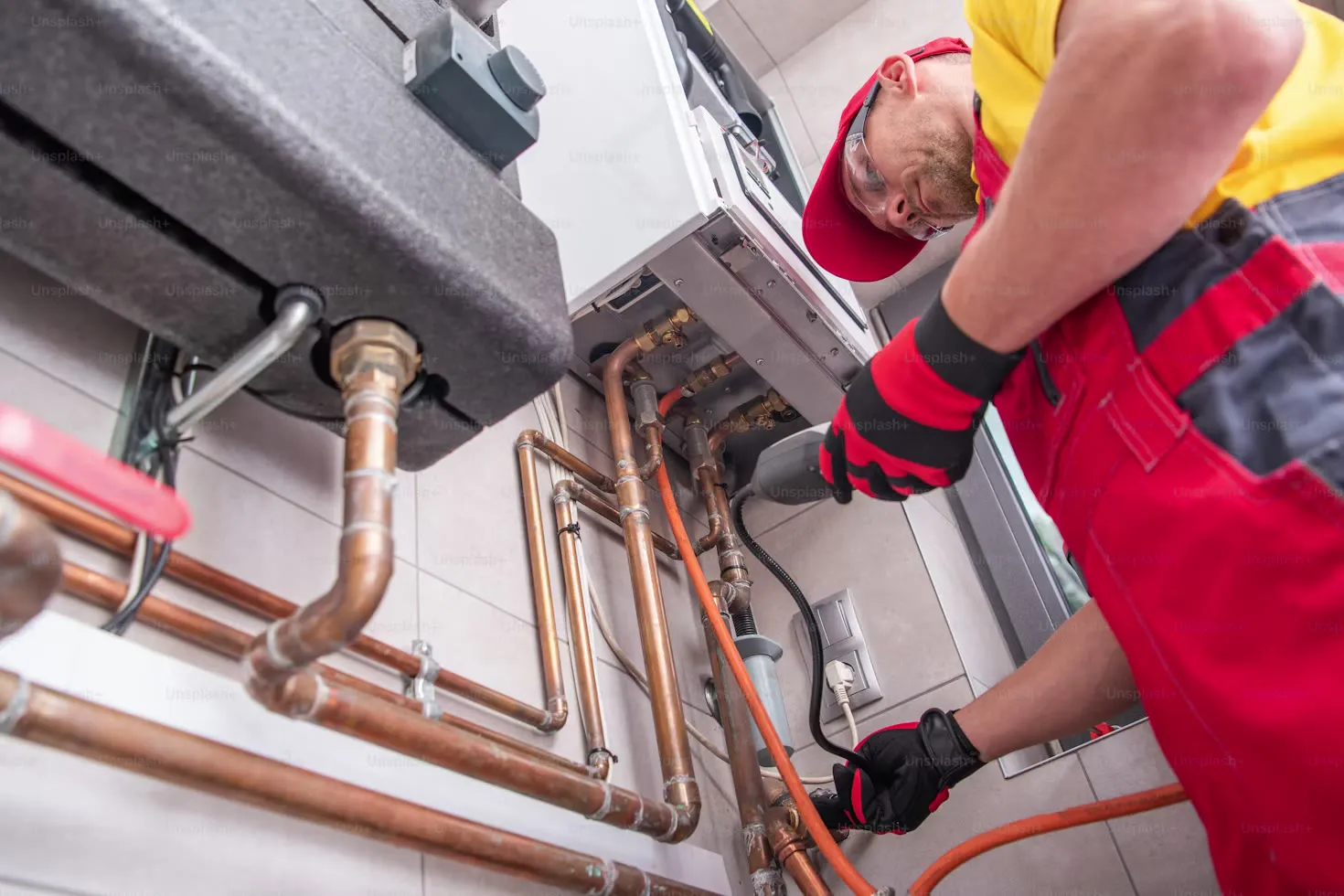 An engineer working on a boiler and its pipework